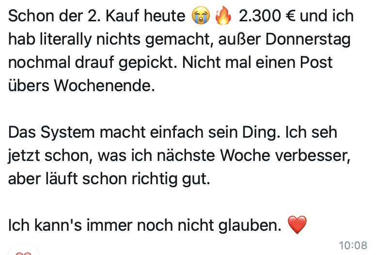 Nachricht einer Kundin: Schon der zweite Kauf heute, 2.300 Euro.